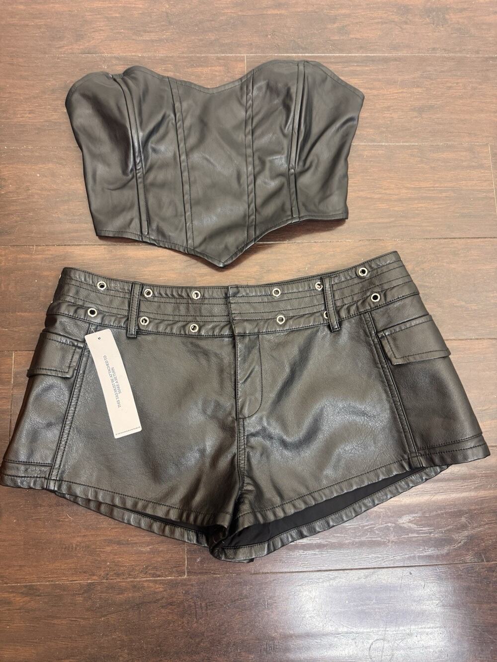 NWT Princess Polly 2 Piece Edgy Sexy Faux Leather Set Shorts Bustier Black 6